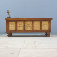 Indian Embossed Buddha Brass Work Solid Wood Blanket Box Coffee Table Chest