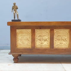Indian Embossed Buddha Brass Work Solid Wood Blanket Box Coffee Table Chest