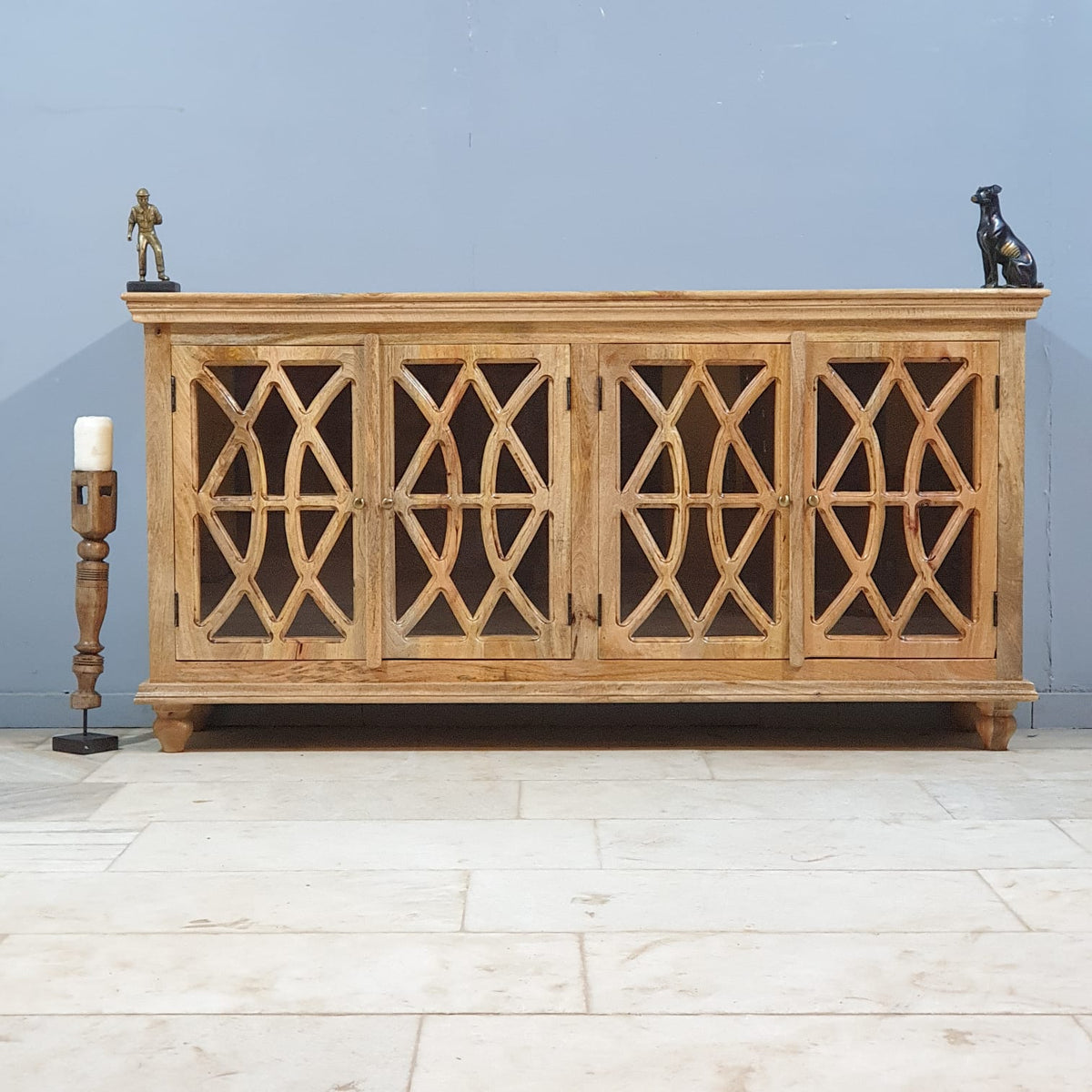 French Arched Hand Carved Glass Doors Buffet Sideboard Natural 180x40x90cm
