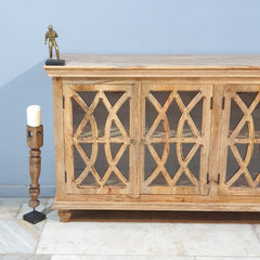 French Arched Hand Carved Glass Doors Buffet Sideboard Natural 180x40x90cm