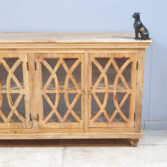 French Arched Hand Carved Glass Doors Buffet Sideboard Natural 180x40x90cm