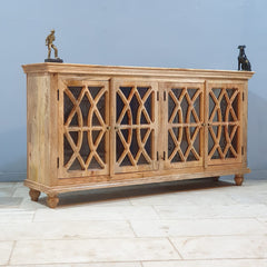 French Arched Hand Carved Glass Doors Buffet Sideboard Natural 180x40x90cm
