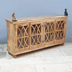 French Arched Hand Carved Glass Doors Buffet Sideboard Natural 180x40x90cm