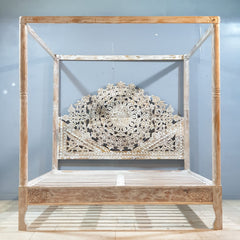 Mughal Hand Carved Indian Wooden Canopy Platform Bed Rustic Whitewash