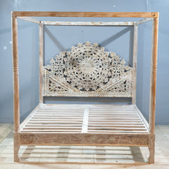 Mughal Hand Carved Indian Wooden Canopy Platform Bed Rustic Whitewash