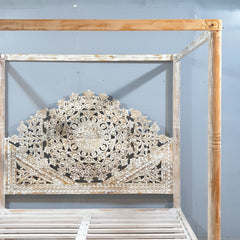 Mughal Hand Carved Indian Wooden Canopy Platform Bed Rustic Whitewash