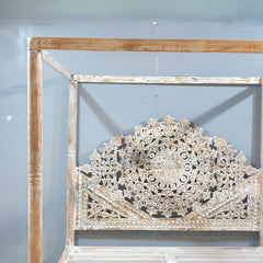 Mughal Hand Carved Indian Wooden Canopy Platform Bed Rustic Whitewash