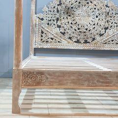 Mughal Hand Carved Indian Wooden Canopy Platform Bed Rustic Whitewash