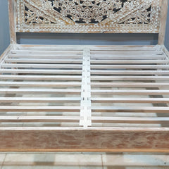 Mughal Hand Carved Indian Wooden Canopy Platform Bed Rustic Whitewash