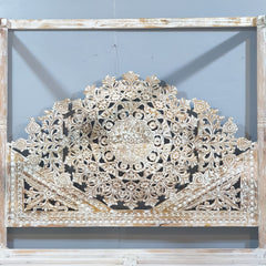 Mughal Hand Carved Indian Wooden Canopy Platform Bed Rustic Whitewash