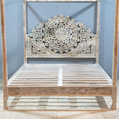 Mughal Hand Carved Indian Wooden Canopy Platform Bed Rustic Whitewash