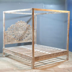 Mughal Hand Carved Indian Wooden Canopy Platform Bed Rustic Whitewash