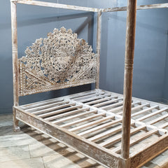 Mughal Hand Carved Indian Wooden Canopy Platform Bed Rustic Whitewash