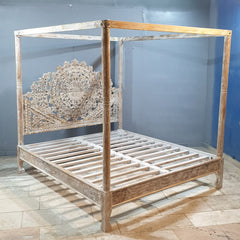 Mughal Hand Carved Indian Wooden Canopy Platform Bed Rustic Whitewash
