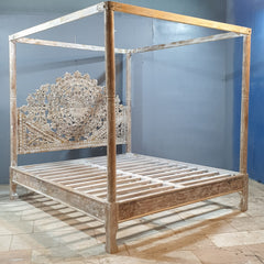 Mughal Hand Carved Indian Wooden Canopy Platform Bed Rustic Whitewash