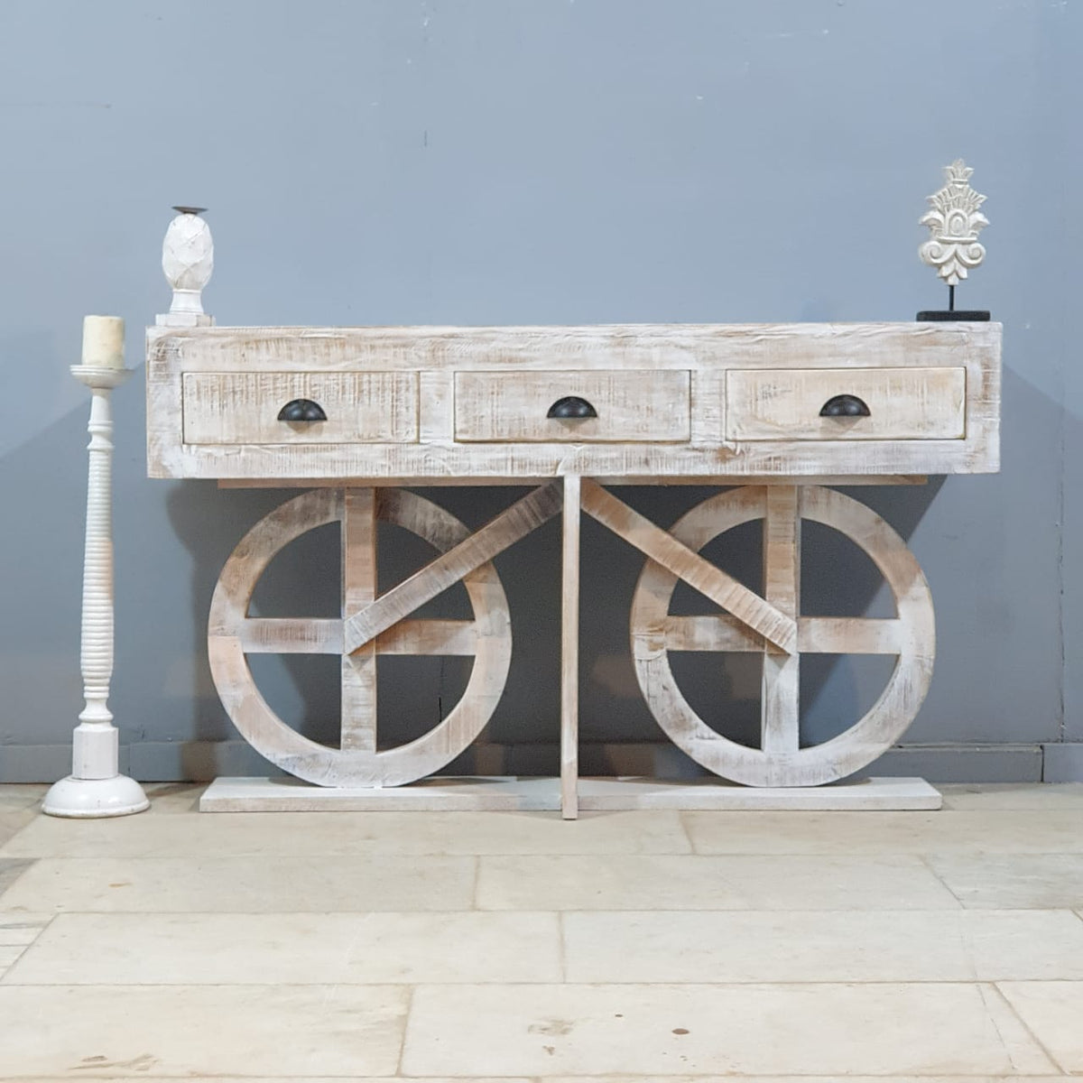 Indian Handmade Carved Solid Hard Wood Mehrab Style Console Hall Table with Drawers White 150x40x85Cm