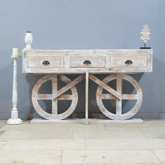 Indian Handmade Carved Solid Hard Wood Mehrab Style Console Hall Table with Drawers White 150x40x85Cm