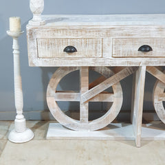 Indian Handmade Carved Solid Hard Wood Mehrab Style Console Hall Table with Drawers White 150x40x85Cm