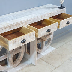 Indian Handmade Carved Solid Hard Wood Mehrab Style Console Hall Table with Drawers White 150x40x85Cm