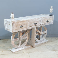 Indian Handmade Carved Solid Hard Wood Mehrab Style Console Hall Table with Drawers White 150x40x85Cm