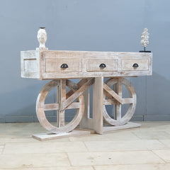 Indian Handmade Carved Solid Hard Wood Mehrab Style Console Hall Table with Drawers White 150x40x85Cm