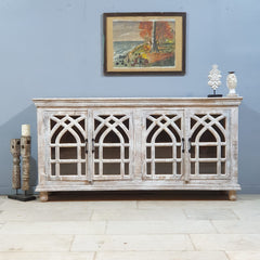 French Arched Glass Doors Solid Wood Sideboard 180x40x100 cm Whitewash