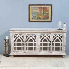 French Arched Glass Doors Solid Wood Sideboard 180x40x100 cm Whitewash