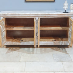 French Arched Glass Doors Solid Wood Sideboard 180x40x100 cm Whitewash