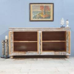 French Arched Glass Doors Solid Wood Sideboard 180x40x100 cm Whitewash