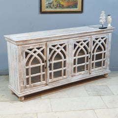 French Arched Glass Doors Solid Wood Sideboard 180x40x100 cm Whitewash