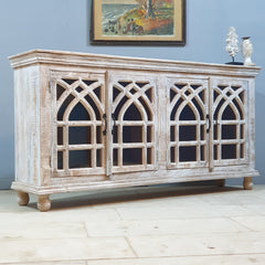French Arched Glass Doors Solid Wood Sideboard 180x40x100 cm Whitewash