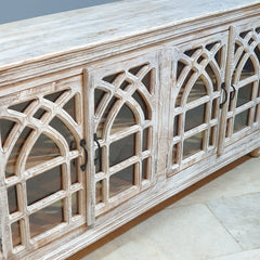 French Arched Glass Doors Solid Wood Sideboard 180x40x100 cm Whitewash