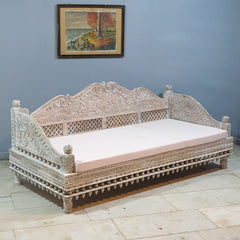 Mughal Garden Hand Carved Balinese Daybed Whitewash 210X95X90 cm