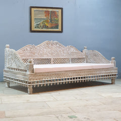 Mughal Garden Hand Carved Balinese Daybed Whitewash 210X95X90 cm