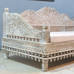 Mughal Garden Hand Carved Balinese Daybed Whitewash 210X95X90 cm