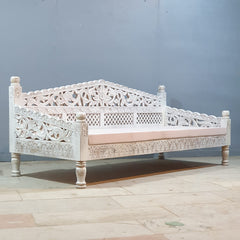 Mughal Garden Hand Carved Balinese Daybed Whitewash 206X90X87 cm