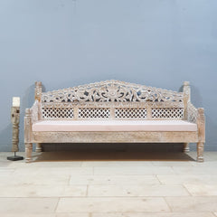 Mughal Garden Hand Carved Balinese Daybed Whitewash 180X80X85 cm