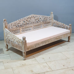 Mughal Garden Hand Carved Balinese Daybed Whitewash 180X80X85 cm