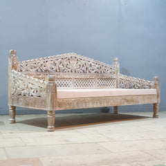 Mughal Garden Hand Carved Balinese Daybed Whitewash 180X80X85 cm