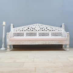 Mughal Garden Hand Carved Balinese Daybed Whitewash 180X80X85 cm