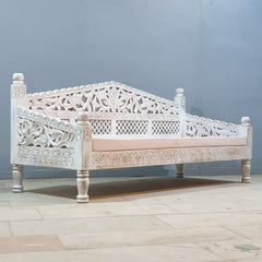 Mughal Garden Hand Carved Balinese Daybed Whitewash 180X80X85 cm