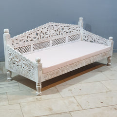 Mughal Garden Hand Carved Balinese Daybed Whitewash 180X80X85 cm