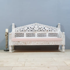 Mughal Garden Hand Carved Balinese Daybed Whitewash 155X70X85 cm