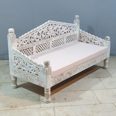 Mughal Garden Hand Carved Balinese Daybed Whitewash 155X70X85 cm
