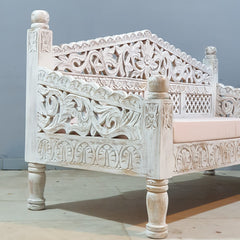 Mughal Garden Hand Carved Balinese Daybed Whitewash 155X70X85 cm