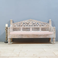Mughal Garden Hand Carved Balinese Daybed Whitewash 155X70X85 cm