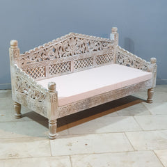 Mughal Garden Hand Carved Balinese Daybed Whitewash 155X70X85 cm