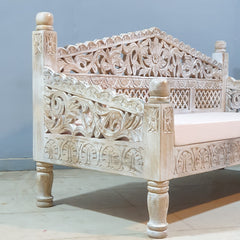 Mughal Garden Hand Carved Balinese Daybed Whitewash 155X70X85 cm