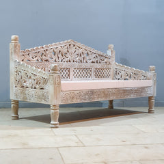 Mughal Garden Hand Carved Balinese Daybed Whitewash 155X70X85 cm