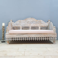 Mughal Garden Hand Carved Balinese Daybed Whitewash 160X95X90 cm